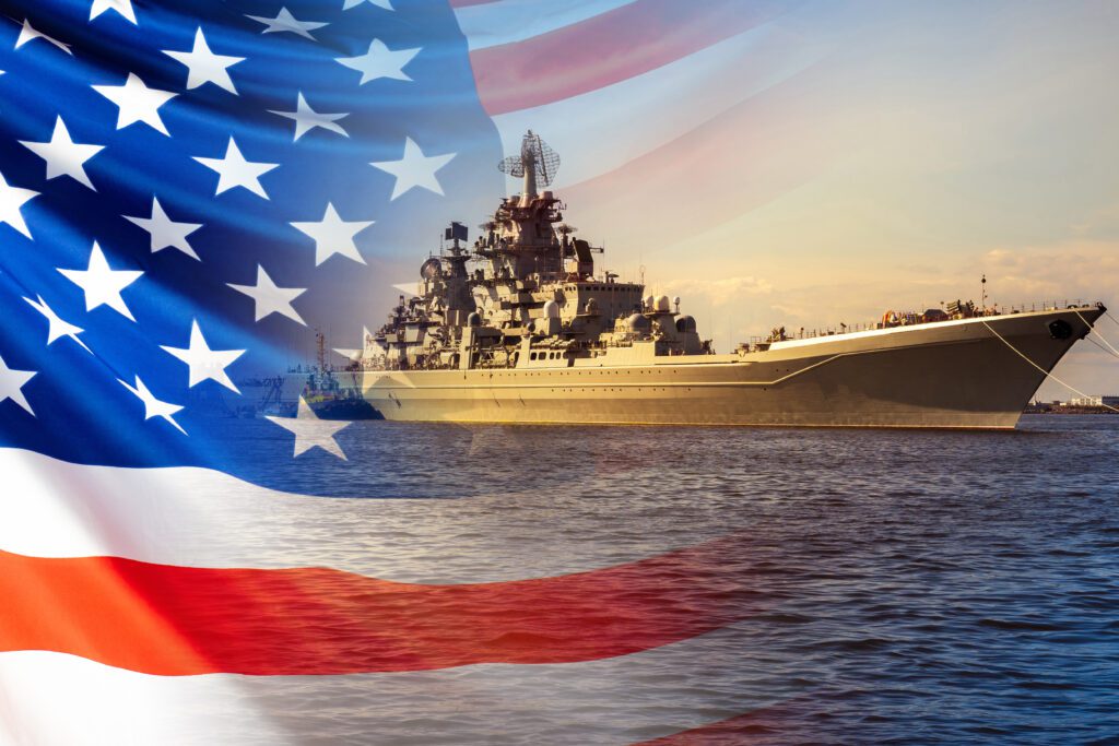 A U.S. flag overlaid on an image of a navy warship.
